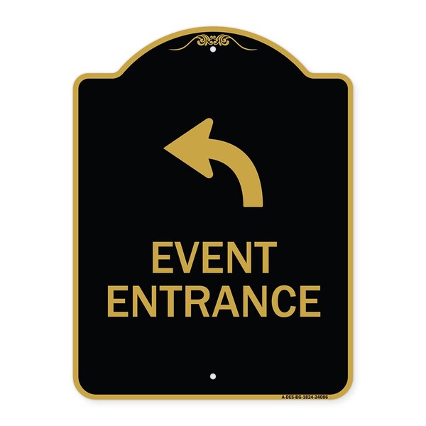 Event Entrance With Upper Left Arrow, Black & Gold Aluminum Architectural Sign, 18" H, BG-1824-24086